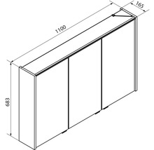 Maßskizze für Spiegelschrank mit drei Türen, Breite 1100 Millimeter, Höhe 683 Millimeter, Tiefe 165 Millimeter.