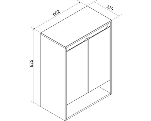 Maßzeichnung eines Schranks mit zwei Türen und offenem Fach, Breite 602 Millimeter, Tiefe 320 Millimeter, Höhe 826 Millimeter.