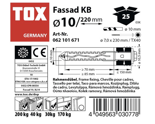 Produktverpackung für Fassadendübel, 10 mal 220 Millimeter