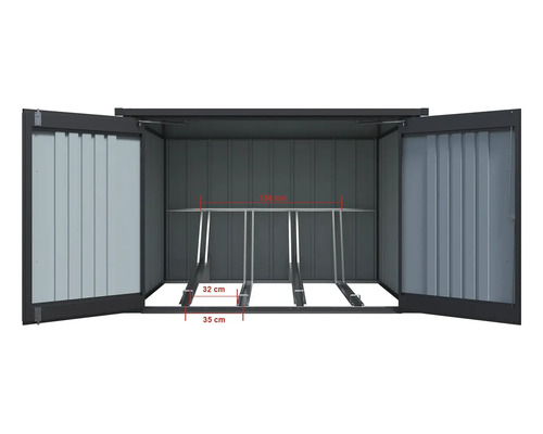 Metall-Fahrradbox mit geöffneten Türen, Innenansicht mit drei Fahrradschienen und Maßangaben 125 Zentimeter, 32 Zentimeter und 35 Zentimeter.