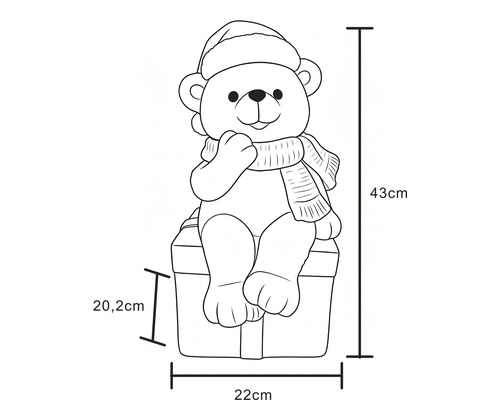 Maßzeichnung Teddybär mit Weihnachtsmütze auf Geschenk, Höhe 43 Zentimeter, Breite 22 Zentimeter, Tiefe 20,2 Zentimeter.