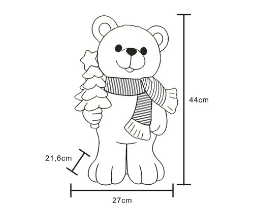 Illustration eines Dekobären mit Schal und Tannenbaum, Maße: Höhe 44 Zentimeter, Breite 27 Zentimeter, Tiefe 21,6 Zentimeter.