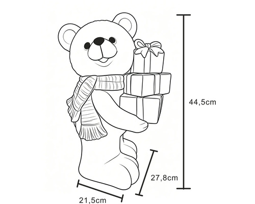 Technische Zeichnung Teddybär-Weihnachtsfigur mit Schal und Geschenken, Maße: Höhe 44,5 Zentimeter, Breite 21,5 Zentimeter, Tiefe 27,8 Zentimeter