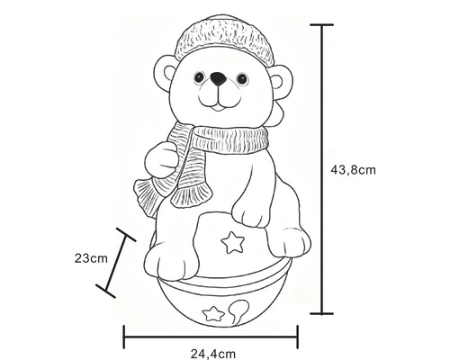 Bärenfigur mit Mütze und Schal auf einer Kugel mit Sternen: Höhe 43,8 Zentimeter, Breite 24,4 Zentimeter, Tiefe 23 Zentimeter.
