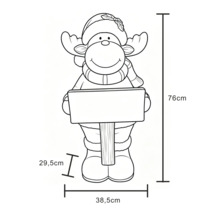 Weihnachtsdekoration Elch mit Schild, Höhe 76 Zentimeter, Breite 38,5 Zentimeter, Tiefe 29,5 Zentimeter.