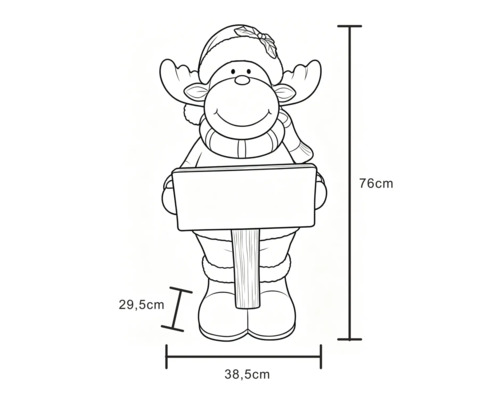 Weihnachtsdekoration Elch mit Schild, Höhe 76 Zentimeter, Breite 38,5 Zentimeter, Tiefe 29,5 Zentimeter.