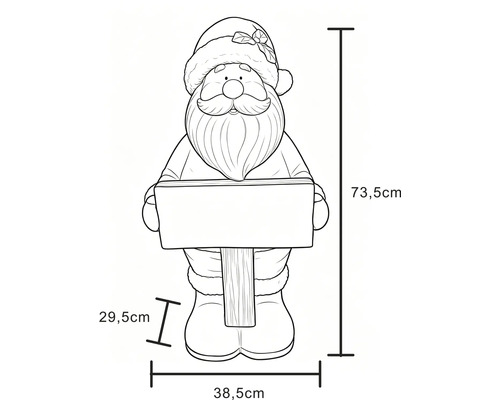 Strichzeichnung Weihnachtsmann mit Schild, Maße: Höhe 73,5 Zentimeter, Breite 38,5 Zentimeter, Tiefe 29,5 Zentimeter.