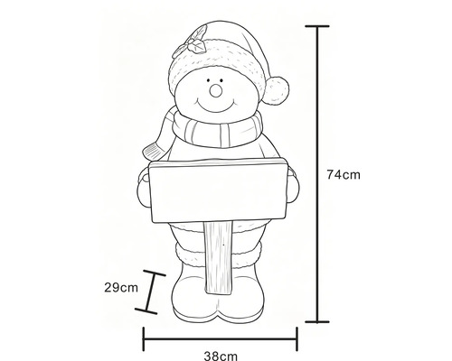 Schneemann-Figur mit Schild, Abmessungen: Höhe 74 Zentimeter, Breite 38 Zentimeter, Tiefe 29 Zentimeter.