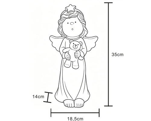 Skizze einer Engelsfigur mit Teddybär und Maßangaben: Höhe 35 Zentimeter, Breite 18,5 Zentimeter, Tiefe 14 Zentimeter.