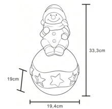 Strichzeichnung eines dekorativen Schneemanns auf einer Sternkugel mit Maßen: Höhe 33,3 Zentimeter, Breite 19,4 Zentimeter.