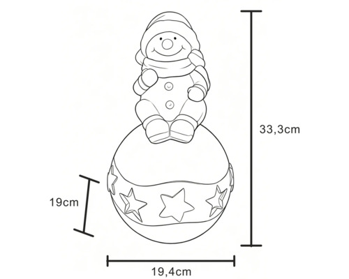 Strichzeichnung eines dekorativen Schneemanns auf einer Sternkugel mit Maßen: Höhe 33,3 Zentimeter, Breite 19,4 Zentimeter.