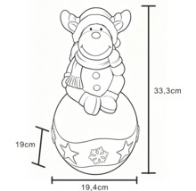 Skizze einer Rentier-Weihnachtsfigur auf einer Kugel mit Sternen. Höhe 33,3 Zentimeter, Breite 19,4 Zentimeter, Tiefe 19 Zentimeter.