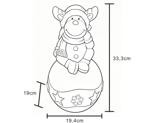 Skizze einer Rentier-Weihnachtsfigur auf einer Kugel mit Sternen. Höhe 33,3 Zentimeter, Breite 19,4 Zentimeter, Tiefe 19 Zentimeter.