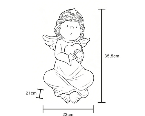 Abmessungen einer Engelsfigur mit Herz und Stern: Höhe 35,5 Zentimeter, Breite 23 Zentimeter, Tiefe 21 Zentimeter.