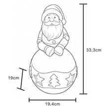 Zeichnung einer Weihnachtsmannfigur auf einer Kugel mit Maßen: Höhe 33,3 Zentimeter, Breite 19,4 Zentimeter, Tiefe 19 Zentimeter.