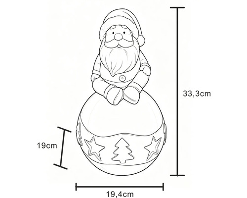 Zeichnung einer Weihnachtsmannfigur auf einer Kugel mit Maßen: Höhe 33,3 Zentimeter, Breite 19,4 Zentimeter, Tiefe 19 Zentimeter.