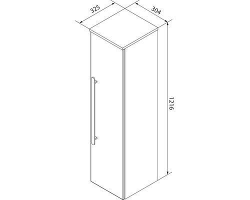 Maßzeichnung eines hohen Badschranks mit Griff, Breite 325 Millimeter, Tiefe 304 Millimeter, Höhe 1216 Millimeter.