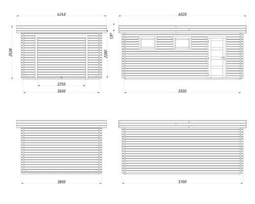 Technische Zeichnung einer Holzgarage mit Maßen in Millimetern, Ansichten von vorne mit Tor, seitlich mit Tür und Fenstern sowie von hinten.