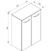 Maßzeichnung eines Schranks mit zwei Türen und Griffen. Breite 602 Millimeter, Tiefe 320 Millimeter, Höhe 826 Millimeter.