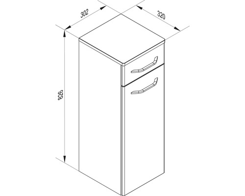 Badunterschrank mit einer Schublade und einer Tür, Maße: 826 mal 302 mal 320 Millimeter.