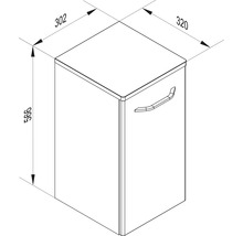 Maßzeichnung eines Unterschranks mit einer Tür und einem Griff, Maße in Millimeter: Höhe 566, Breite 320, Tiefe 302.