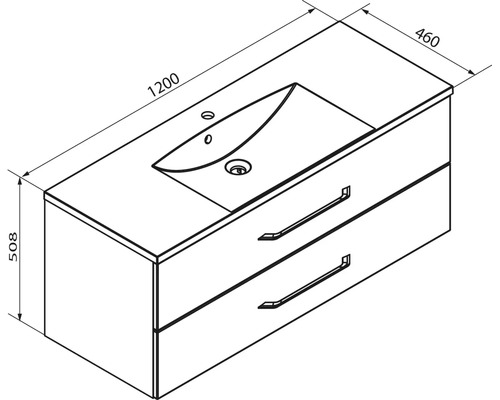 Maßzeichnung für einen Waschtischunterschrank mit Waschbecken, Breite 1200 Millimeter, Tiefe 460 Millimeter, Höhe 508 Millimeter, zwei Schubladen.