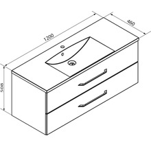 Maßzeichnung Waschtischunterschrank mit Waschbecken und zwei Schubladen, Breite 1200 Millimeter, Tiefe 460 Millimeter, Höhe 508 Millimeter.