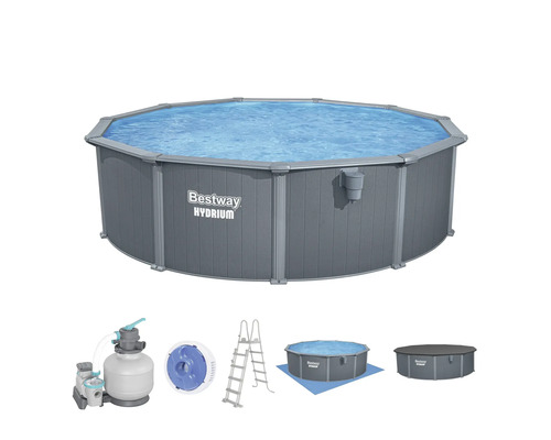 Bestway Hydrium Stahlwandpool Set inklusive Sandfilteranlage, Sicherheitsleiter, Bodenplane und Abdeckplane.