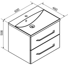 Technische Zeichnung Waschbeckenunterschrank mit zwei Schubladen und Waschbecken. Breite 600 Millimeter, Tiefe 460 Millimeter, Höhe 508 Millimeter.