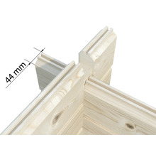 Detailansicht einer Eckverbindung aus Holz mit einer Wandstärke von 44 Millimeter.