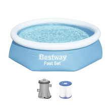Rundes Bestway Fast Set Aufstellbecken mit aufblasbarem Ring inklusive Filterpumpe und Filterkartusche.
