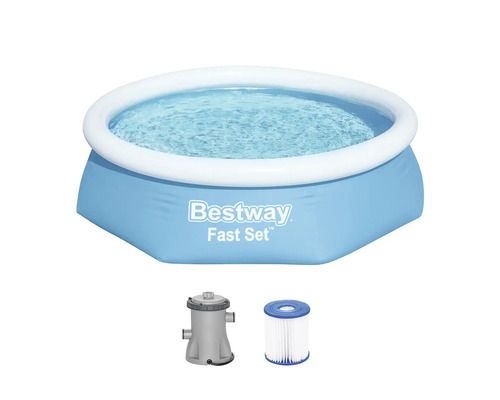 Rundes Bestway Fast Set Aufstellbecken mit aufblasbarem Ring inklusive Filterpumpe und Filterkartusche.