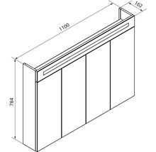 Maßzeichnung Spiegelschrank mit Beleuchtung, Breite 1100 Millimeter, Höhe 784 Millimeter, Tiefe 162 Millimeter.