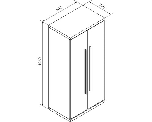 Maßzeichnung eines zweitürigen Schranks mit Griffen. Breite 502 Millimeter, Höhe 1060 Millimeter, Tiefe 320 Millimeter.