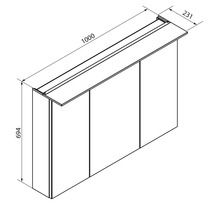 Maßzeichnung für einen Spiegelschrank mit drei Türen: Breite 1000 Millimeter, Höhe 694 Millimeter, Tiefe 231 Millimeter.