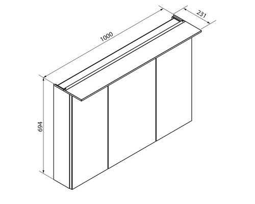 Maßzeichnung für einen Spiegelschrank mit drei Türen: Breite 1000 Millimeter, Höhe 694 Millimeter, Tiefe 231 Millimeter.