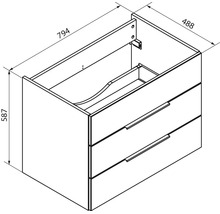 Maßzeichnung Waschbeckenunterschrank mit zwei Schubladen, Breite 794 Millimeter, Tiefe 488 Millimeter, Höhe 587 Millimeter.