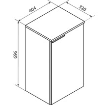 Maßzeichnung eines Schranks: Höhe 696 Millimeter, Breite 404 Millimeter, Tiefe 320 Millimeter.