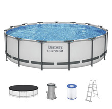 Bestway Steel Pro MAX Aufstellpool Set mit Stahlrahmen, Filterpumpe, Filterkartusche, Sicherheitsleiter und Abdeckplane.