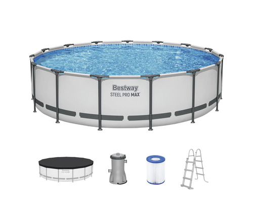 Bestway Steel Pro MAX Aufstellpool Set mit Stahlrahmen, Filterpumpe, Filterkartusche, Sicherheitsleiter und Abdeckplane.