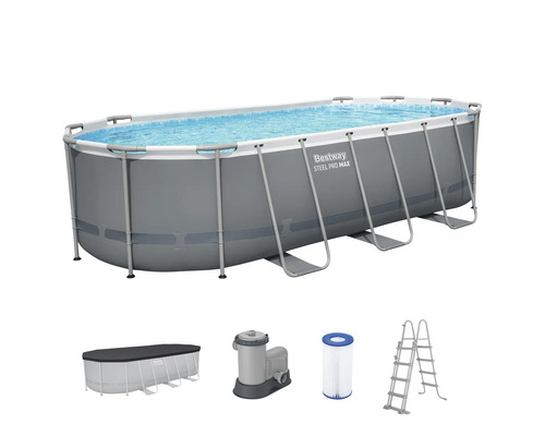 Bestway Steel Pro Max Aufstellpool Set mit ovalem Stahlrahmenbecken, Abdeckplane, Filterpumpe, Filterkartusche und Sicherheitsleiter.