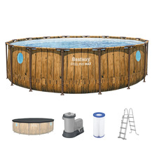 Bestway Steel Pro Max Rundpool-Set mit Holzoptik, Filterpumpe, Filterkartusche, Sicherheitsleiter und Abdeckplane.