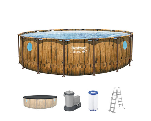 Bestway Steel Pro Max Rundpool-Set mit Holzoptik, Filterpumpe, Filterkartusche, Sicherheitsleiter und Abdeckplane.