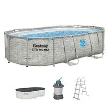 Bestway Steel Pro Max Aufstellpool Set oval mit Steinoptik inklusive Sandfilteranlage Leiter und Abdeckplane