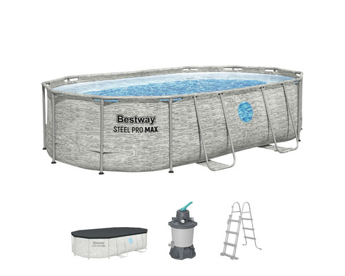 Bestway Steel Pro Max Aufstellpool Set oval mit Steinoptik inklusive Sandfilteranlage Leiter und Abdeckplane
