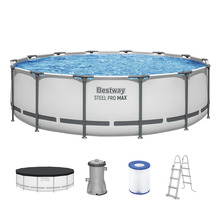 Bestway Steel Pro MAX Aufstellpool-Set, rund, inklusive Filterpumpe, Filterkartusche, Sicherheitsleiter und Abdeckplane.