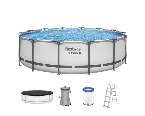 Bestway Steel Pro MAX Aufstellpool-Set, rund, inklusive Filterpumpe, Filterkartusche, Sicherheitsleiter und Abdeckplane.