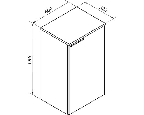 Maßzeichnung eines Schranks: Höhe 696 Millimeter, Breite 404 Millimeter, Tiefe 320 Millimeter.