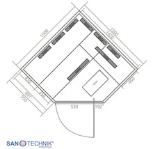 Technische Zeichnung einer Sanotechnik Ecksauna mit Maßangaben und Platzierung der sieben Infrarotstrahler.