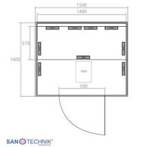 Technische Zeichnung einer Infrarotkabine mit den Maen 1500 mal 1400 Millimeter, Anordnung der Strahler und Trbreite. Sanotechnik Logo.